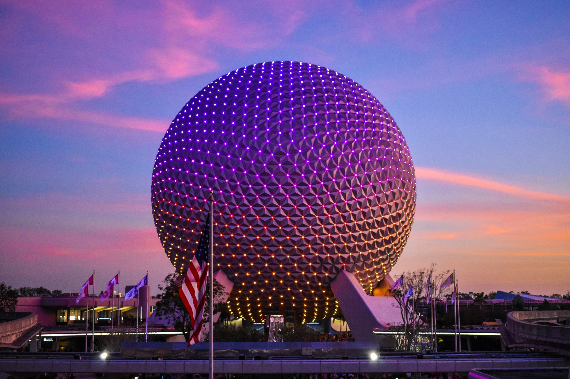 Epcot's Spaceship Earth at sunset - photo by Servoisnaked
